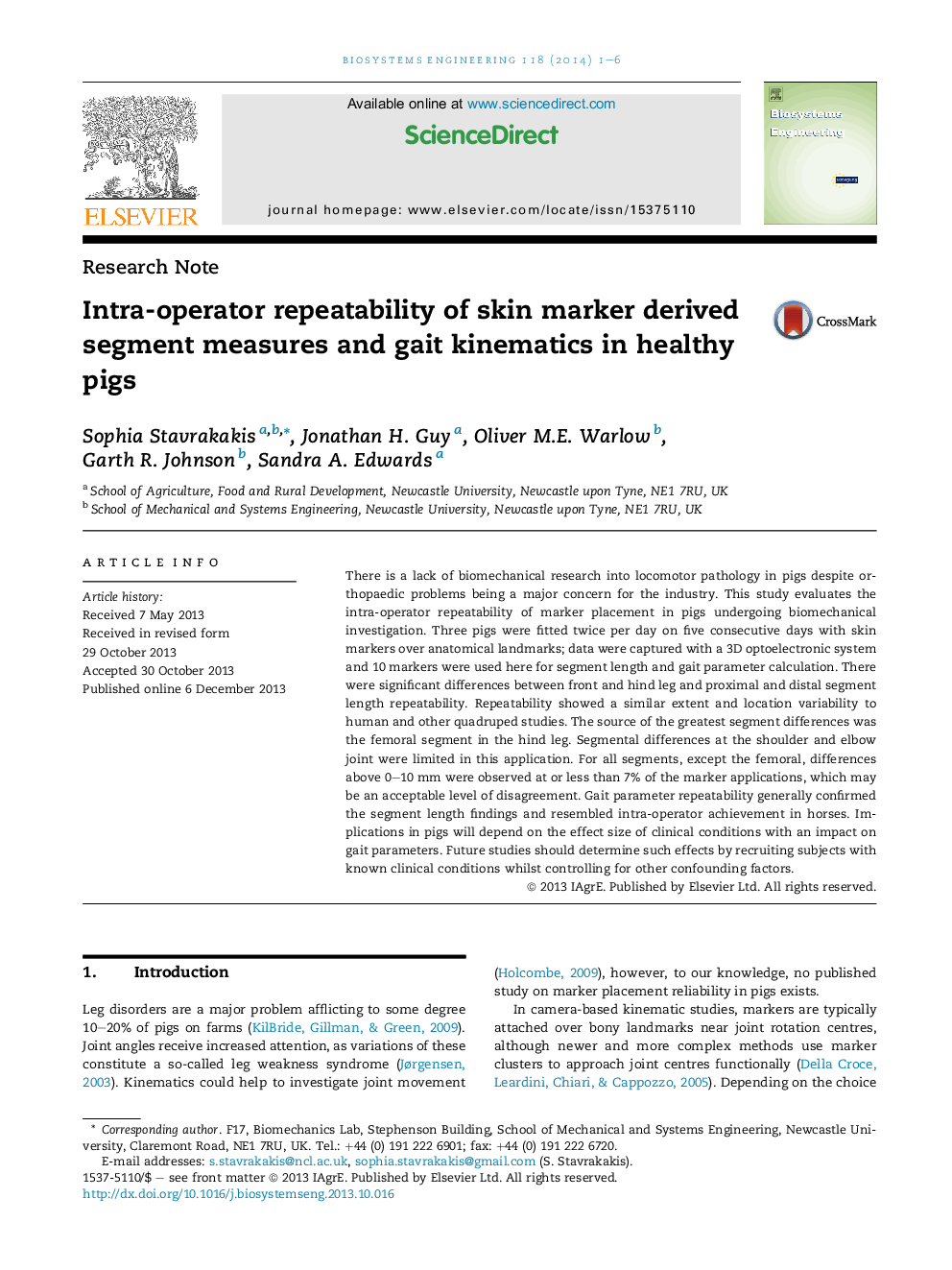 Intra-operator repeatability of skin marker derived segment measures and gait kinematics in healthy pigs