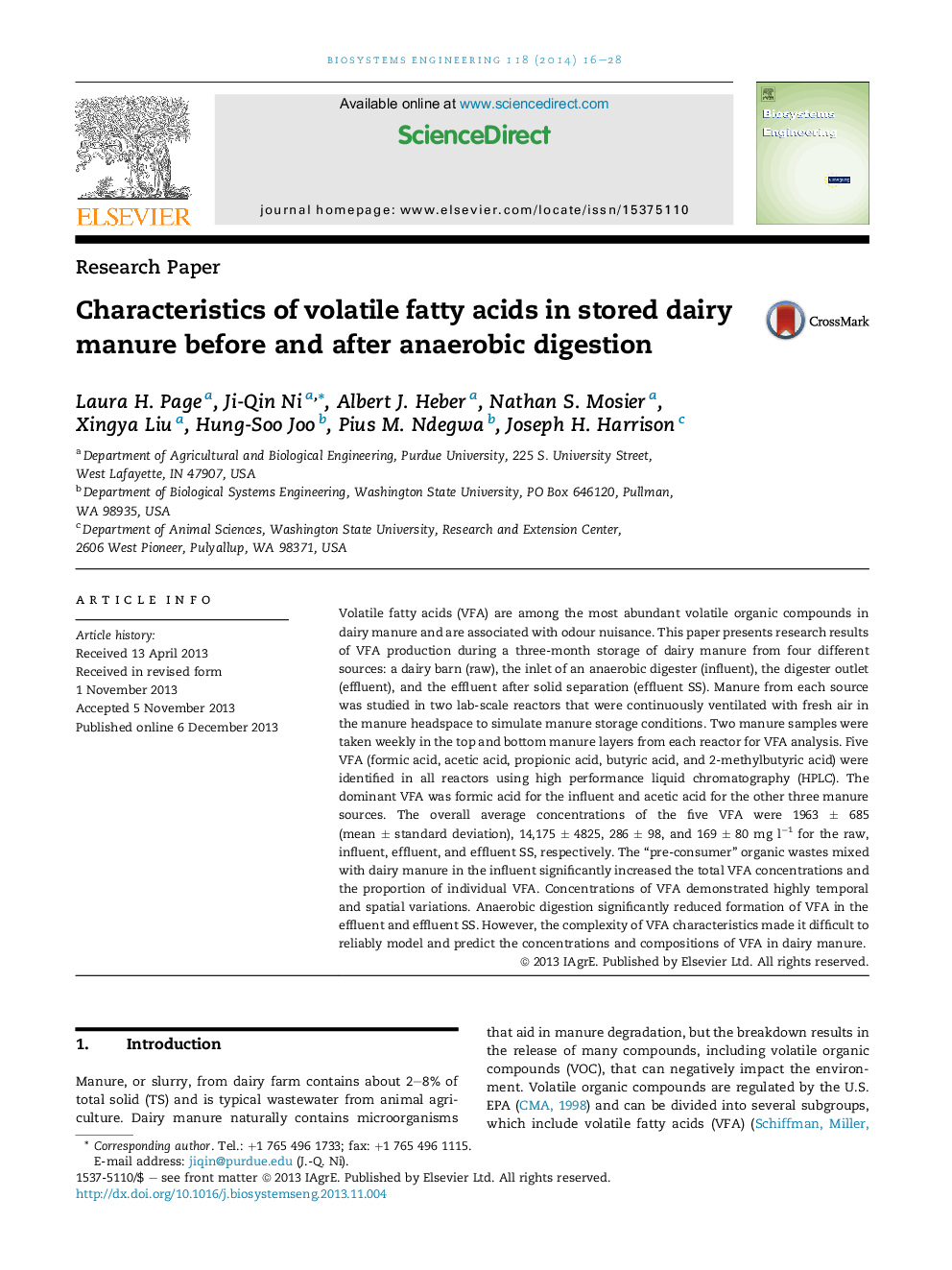 Characteristics of volatile fatty acids in stored dairy manure before and after anaerobic digestion