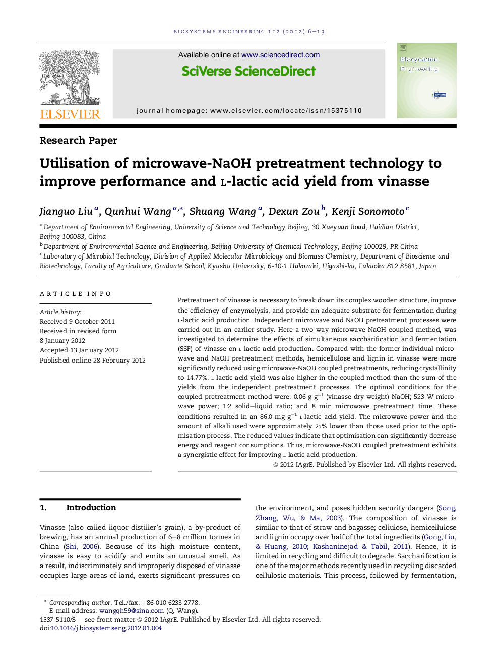 Utilisation of microwave-NaOH pretreatment technology to improve performance and l-lactic acid yield from vinasse