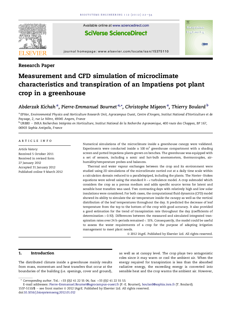 Measurement and CFD simulation of microclimate characteristics and transpiration of an Impatiens pot plant crop in a greenhouse