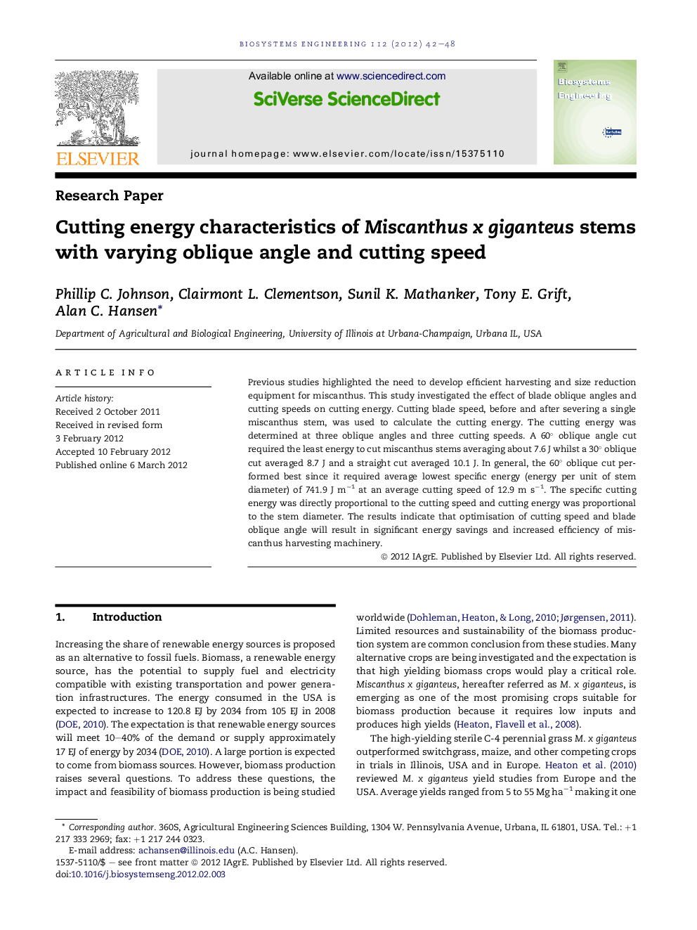 Cutting energy characteristics of Miscanthus x giganteus stems with varying oblique angle and cutting speed