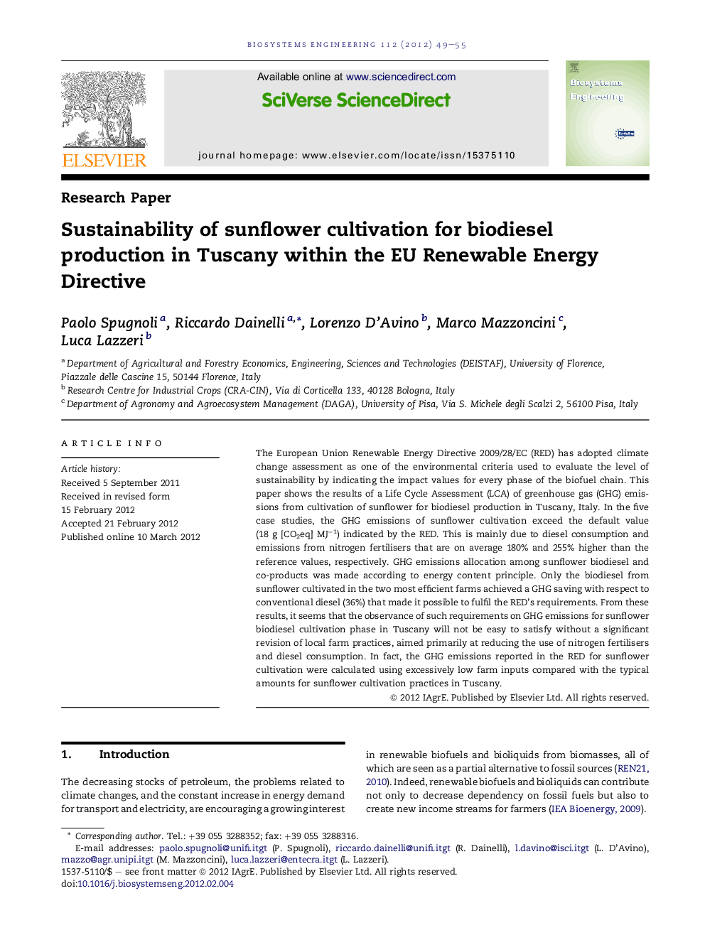 Sustainability of sunflower cultivation for biodiesel production in Tuscany within the EU Renewable Energy Directive