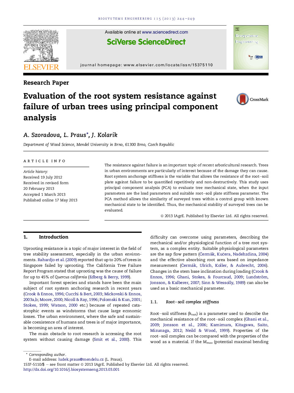 Evaluation of the root system resistance against failure of urban trees using principal component analysis