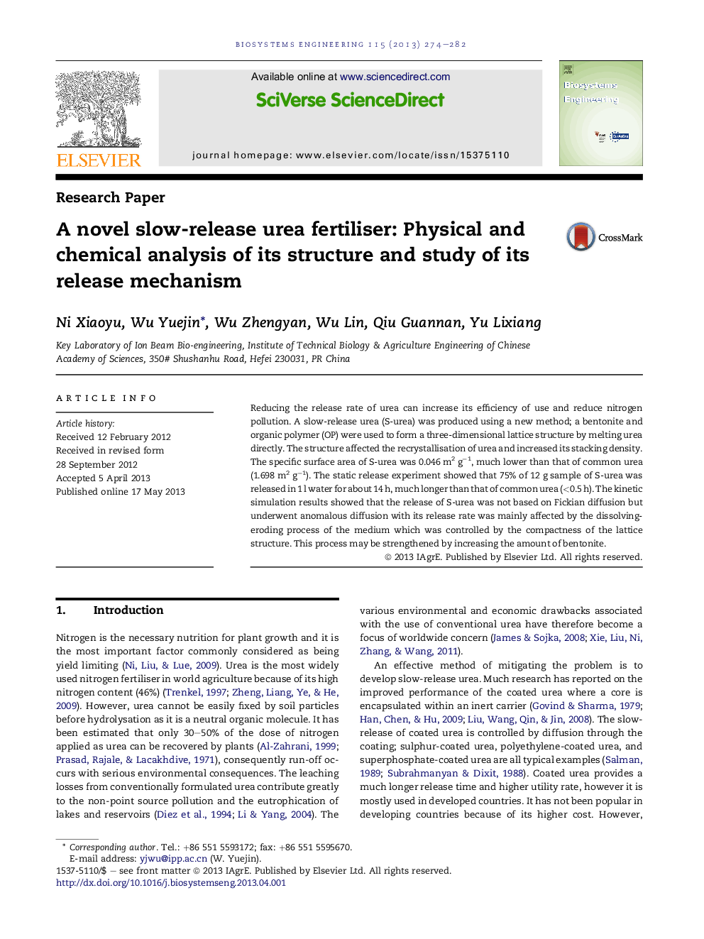 A novel slow-release urea fertiliser: Physical and chemical analysis of its structure and study of its release mechanism