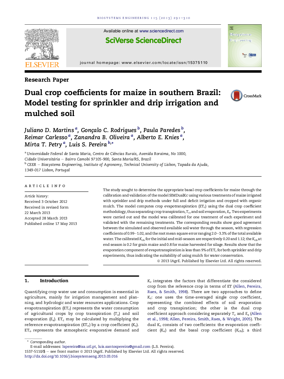 Dual crop coefficients for maize in southern Brazil: Model testing for sprinkler and drip irrigation and mulched soil