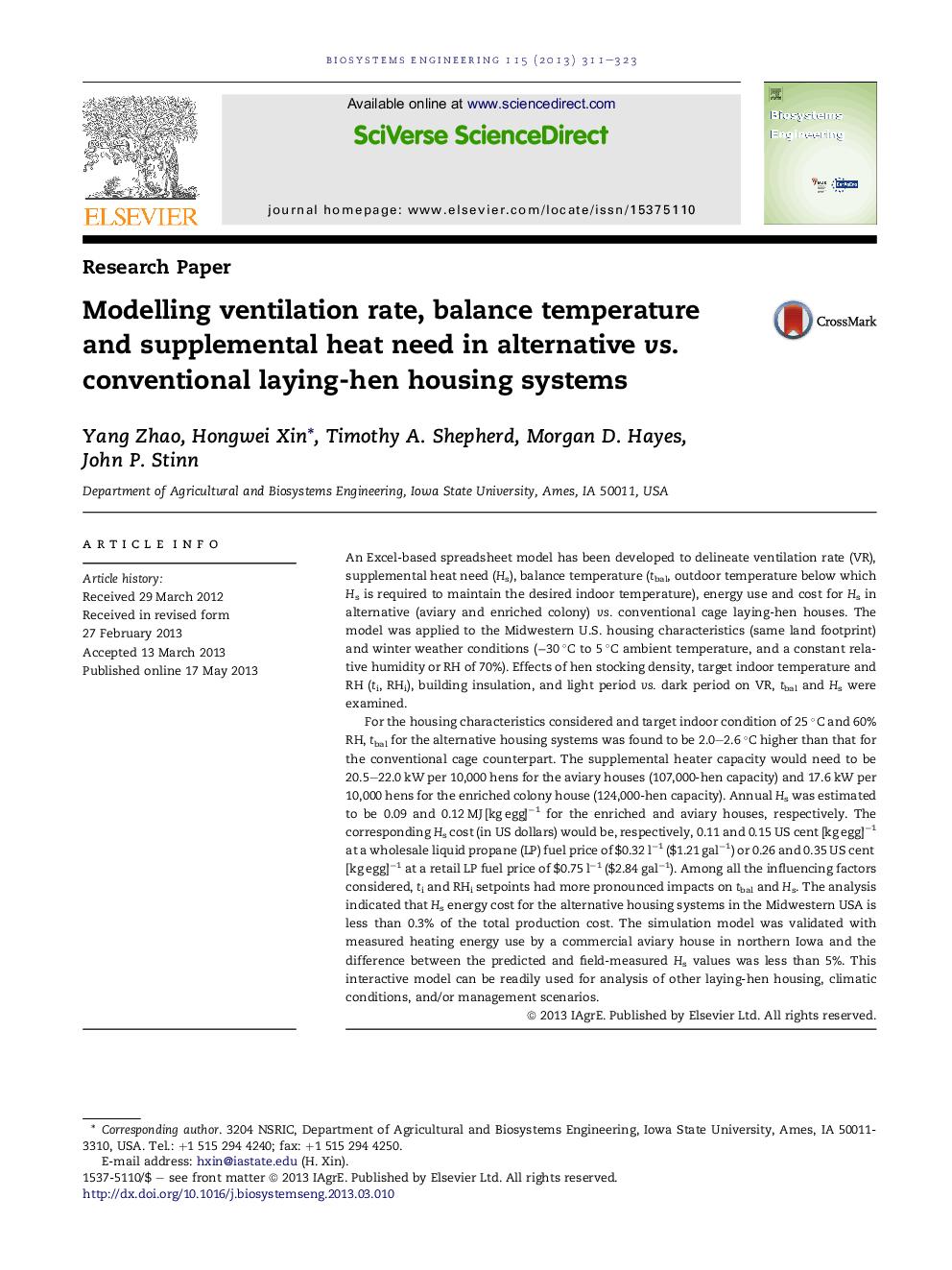 Modelling ventilation rate, balance temperature and supplemental heat need in alternative vs. conventional laying-hen housing systems