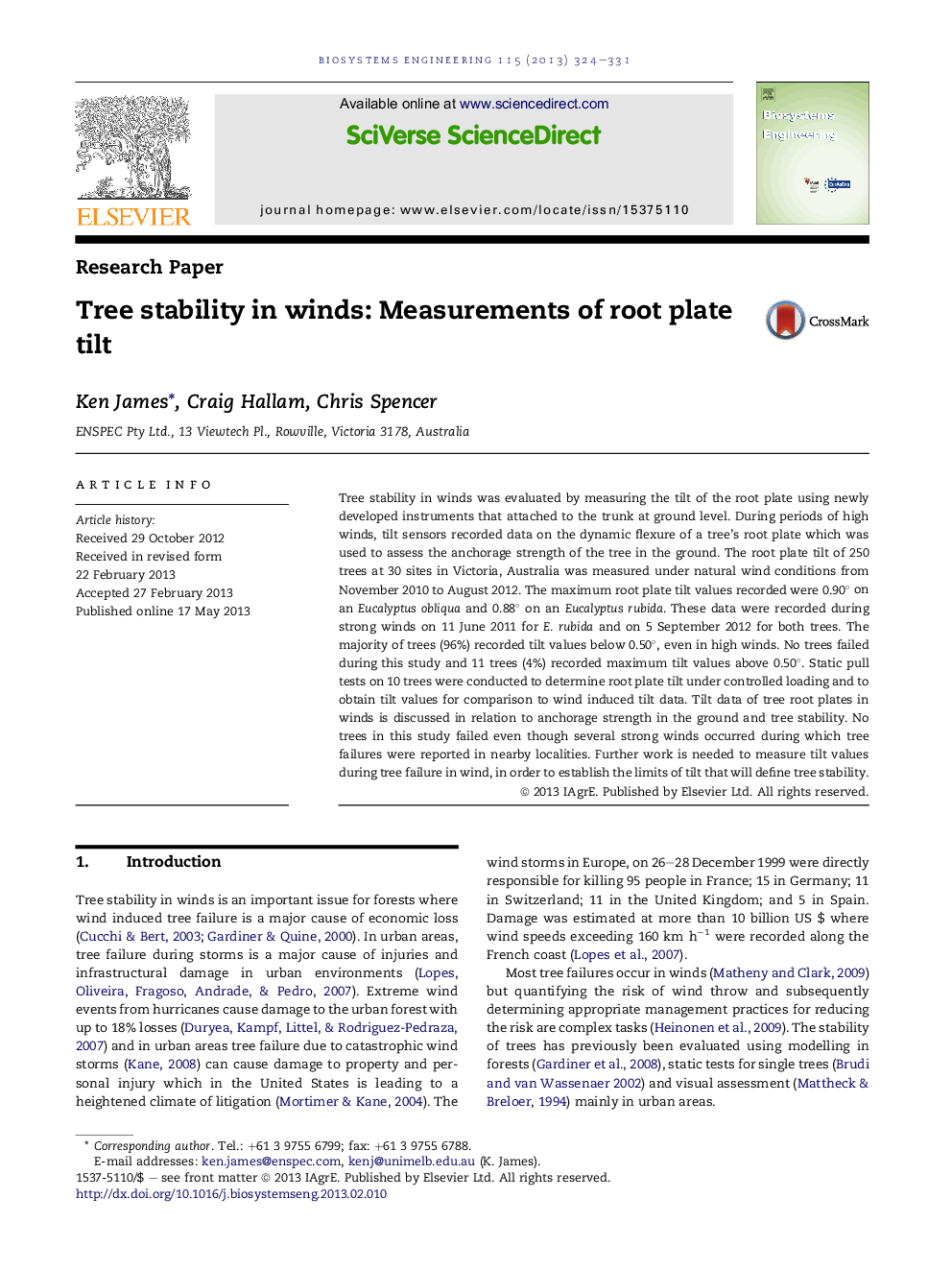 Tree stability in winds: Measurements of root plate tilt