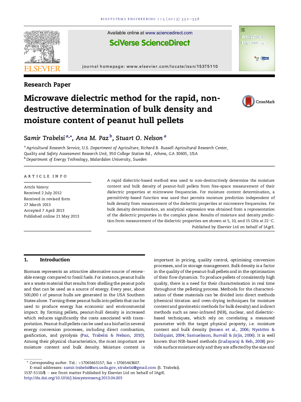 Microwave dielectric method for the rapid, non-destructive determination of bulk density and moisture content of peanut hull pellets