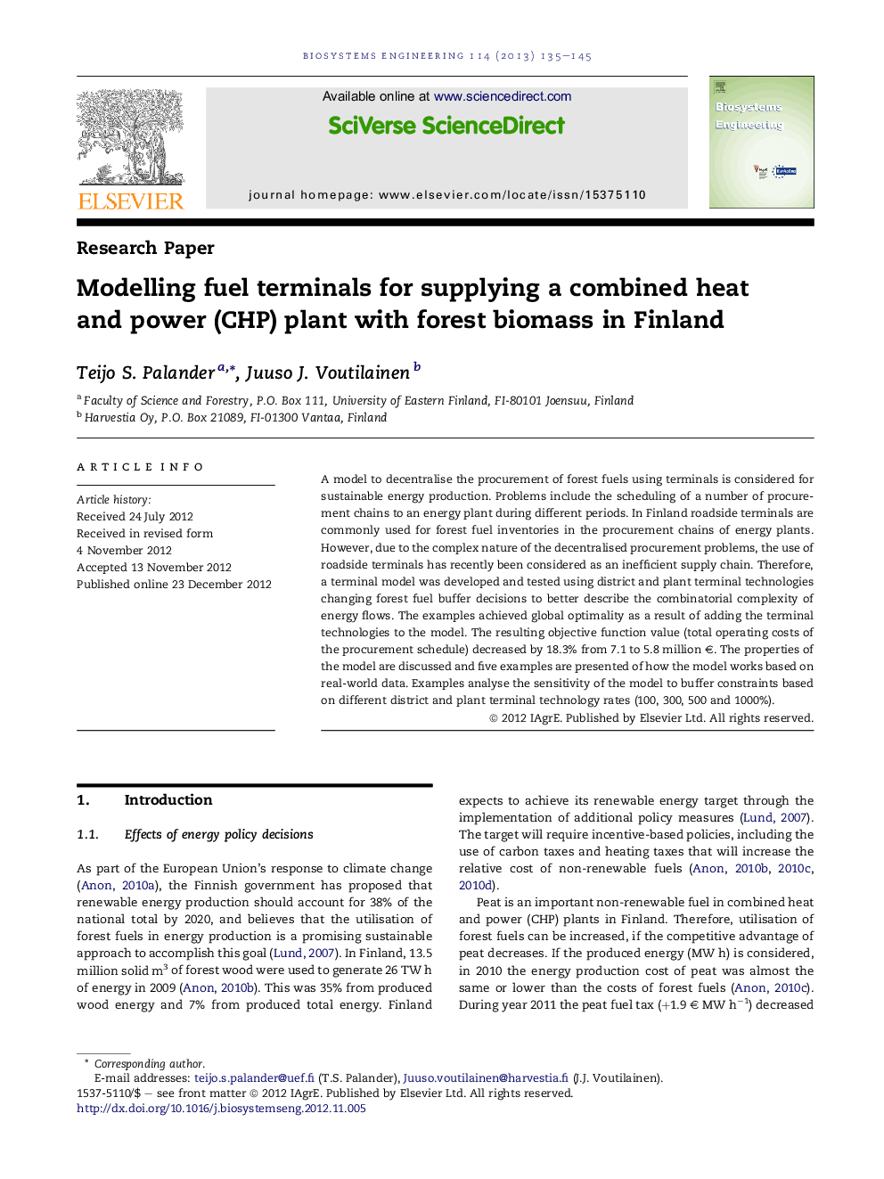 Modelling fuel terminals for supplying a combined heat and power (CHP) plant with forest biomass in Finland