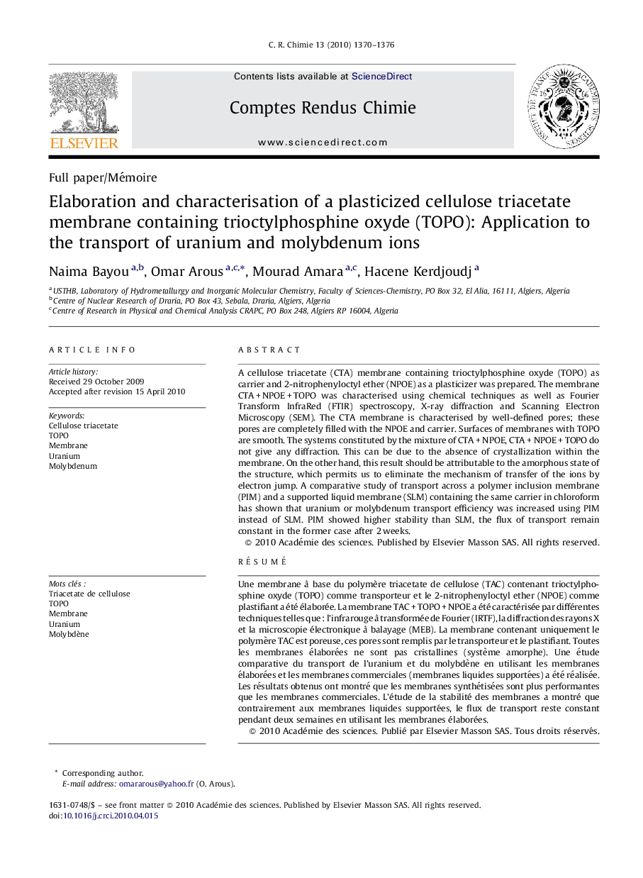 Elaboration and characterisation of a plasticized cellulose triacetate membrane containing trioctylphosphine oxyde (TOPO): Application to the transport of uranium and molybdenum ions