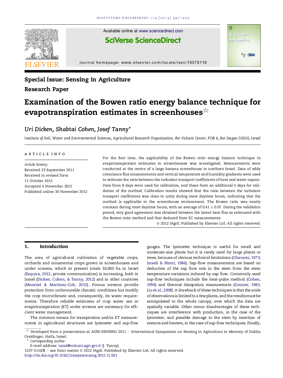 Examination of the Bowen ratio energy balance technique for evapotranspiration estimates in screenhouses 