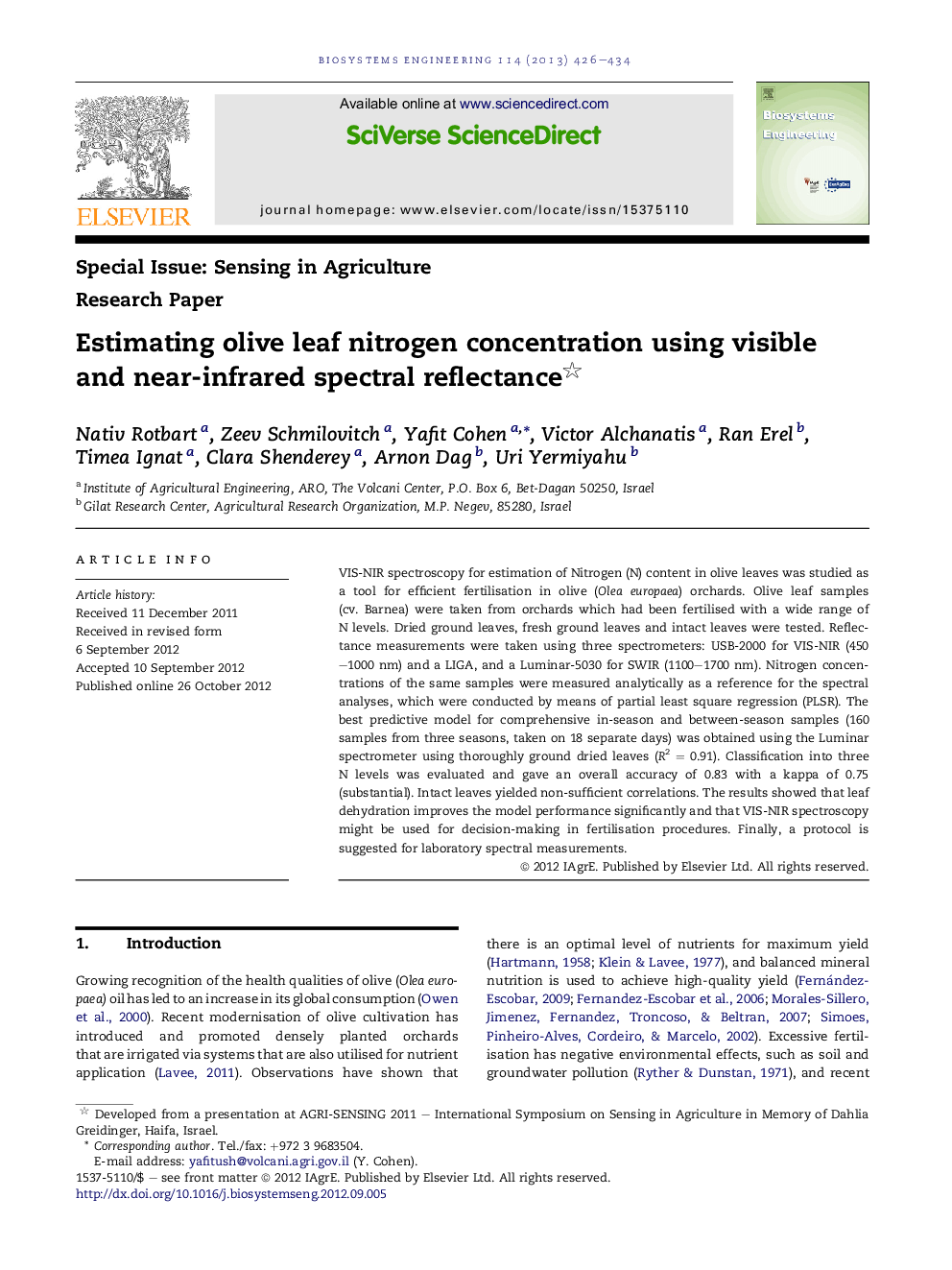 Estimating olive leaf nitrogen concentration using visible and near-infrared spectral reflectance 