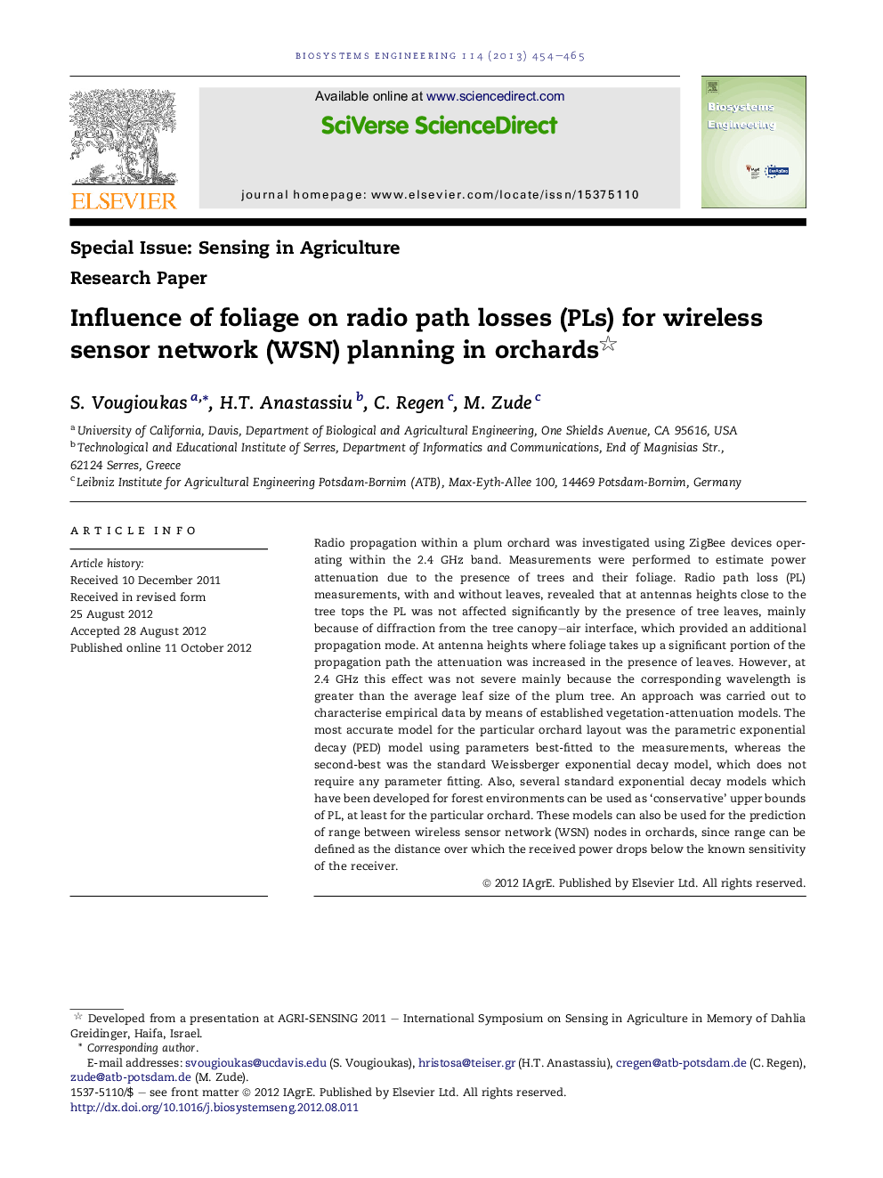 Influence of foliage on radio path losses (PLs) for wireless sensor network (WSN) planning in orchards 