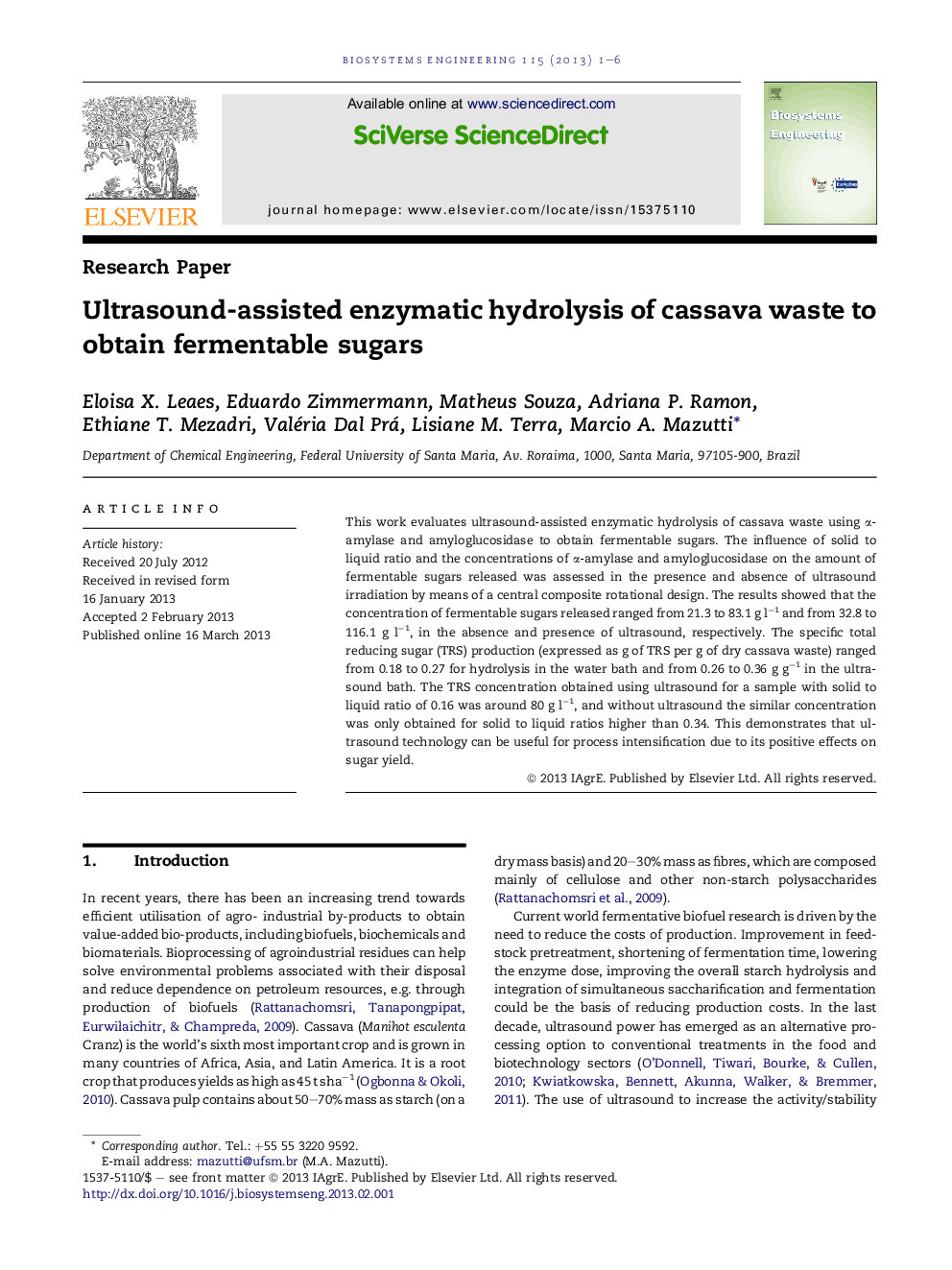 Ultrasound-assisted enzymatic hydrolysis of cassava waste to obtain fermentable sugars