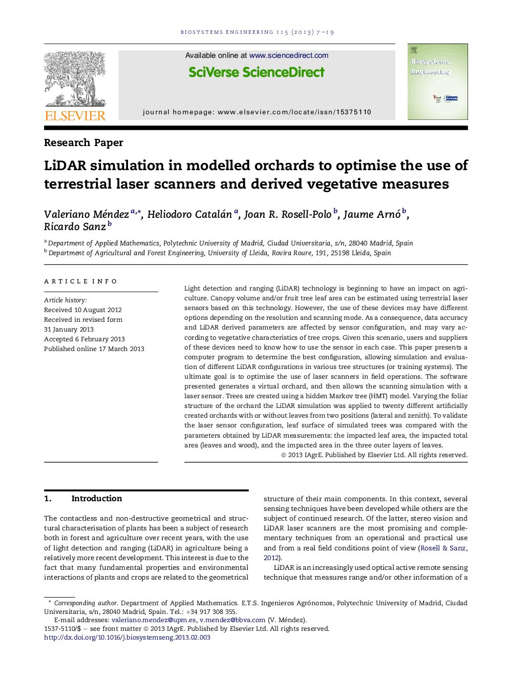 LiDAR simulation in modelled orchards to optimise the use of terrestrial laser scanners and derived vegetative measures