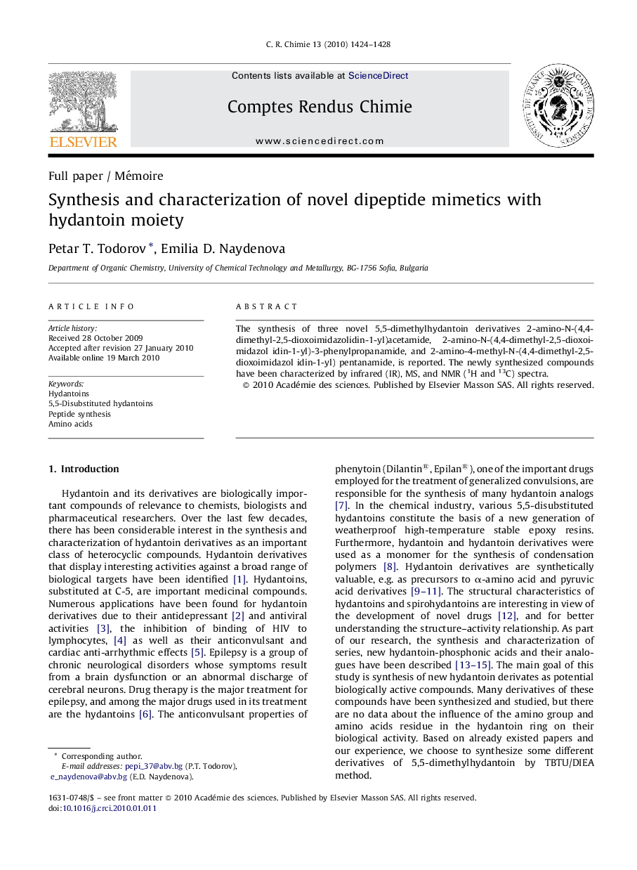 Synthesis and characterization of novel dipeptide mimetics with hydantoin moiety