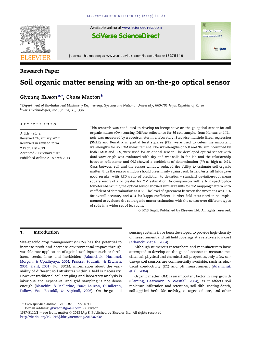 Soil organic matter sensing with an on-the-go optical sensor