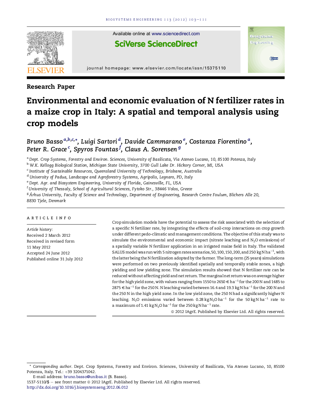 Environmental and economic evaluation of N fertilizer rates in a maize crop in Italy: A spatial and temporal analysis using crop models