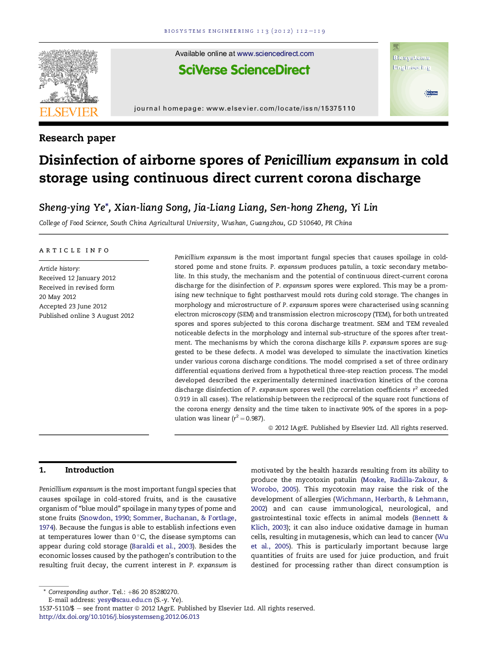 Disinfection of airborne spores of Penicillium expansum in cold storage using continuous direct current corona discharge