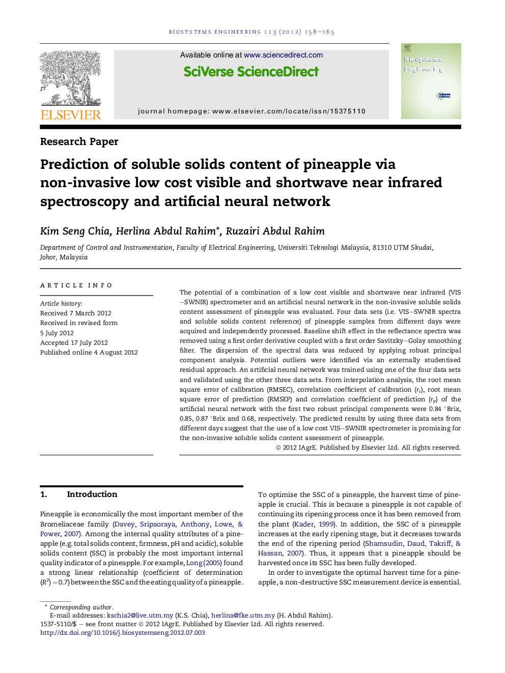 Prediction of soluble solids content of pineapple via non-invasive low cost visible and shortwave near infrared spectroscopy and artificial neural network