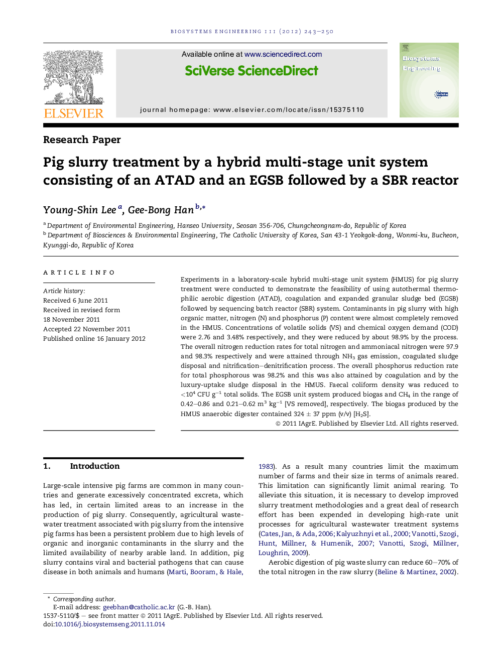 Pig slurry treatment by a hybrid multi-stage unit system consisting of an ATAD and an EGSB followed by a SBR reactor