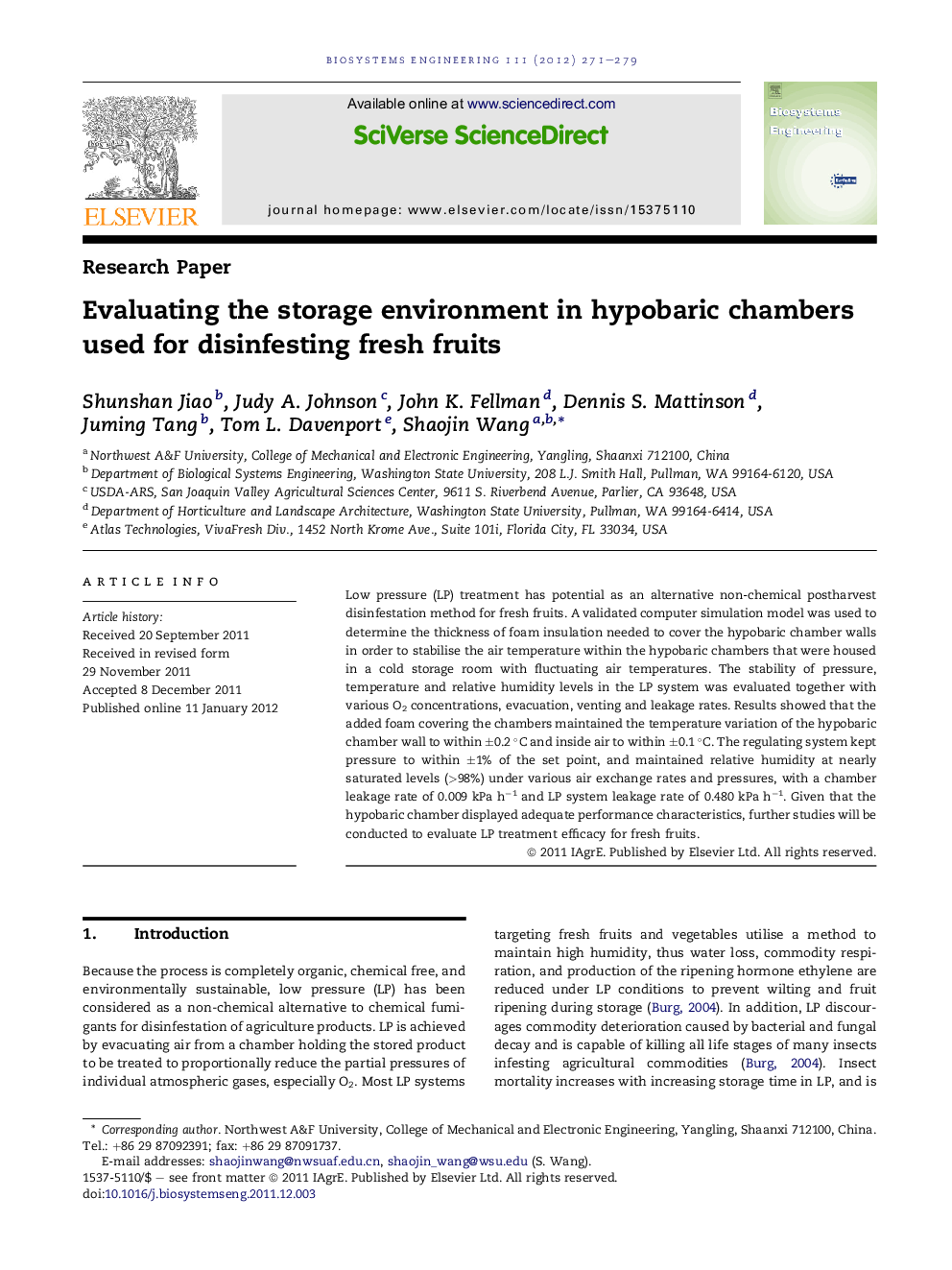 Evaluating the storage environment in hypobaric chambers used for disinfesting fresh fruits