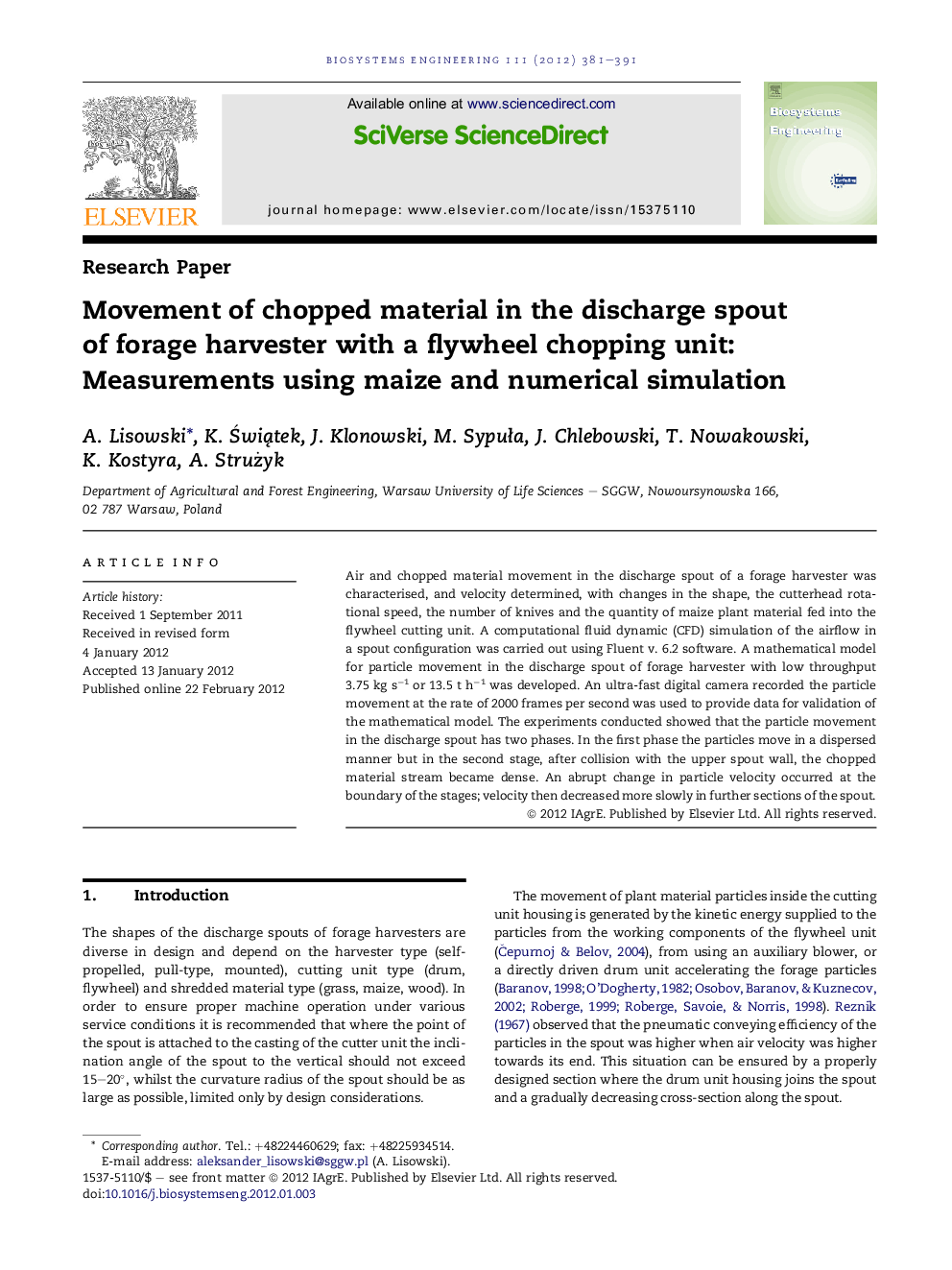 Movement of chopped material in the discharge spout of forage harvester with a flywheel chopping unit: Measurements using maize and numerical simulation