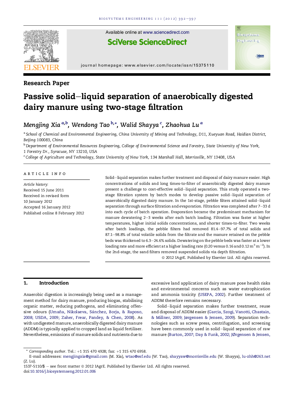 Passive solid–liquid separation of anaerobically digested dairy manure using two-stage filtration