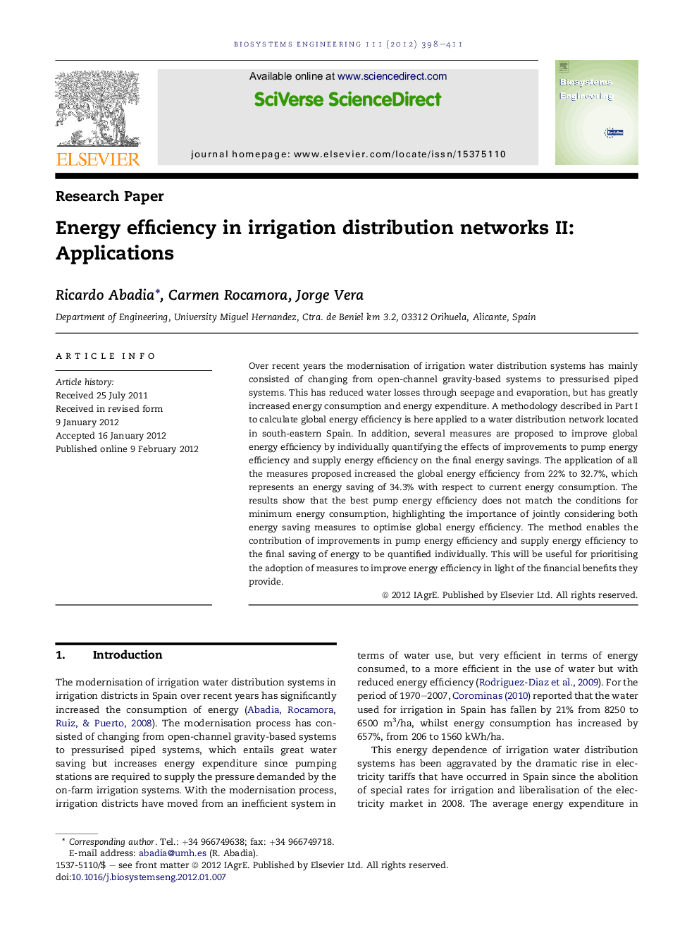 Energy efficiency in irrigation distribution networks II: Applications