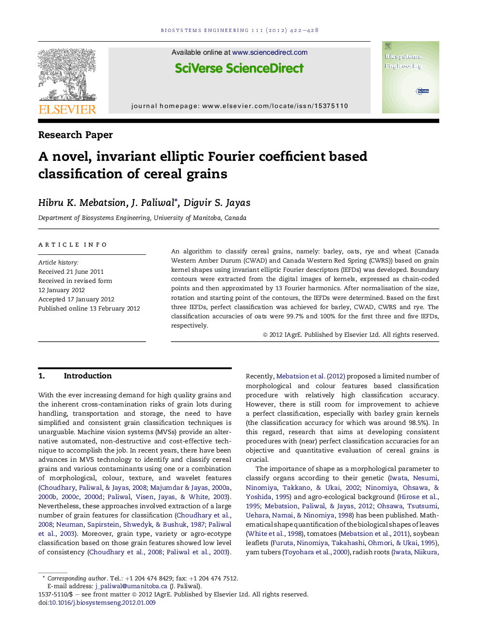 A novel, invariant elliptic Fourier coefficient based classification of cereal grains