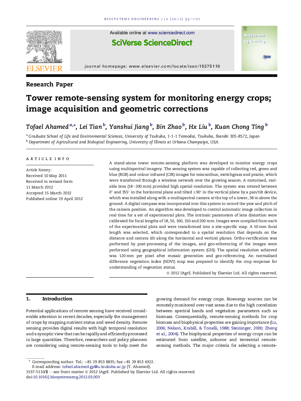 Tower remote-sensing system for monitoring energy crops; image acquisition and geometric corrections