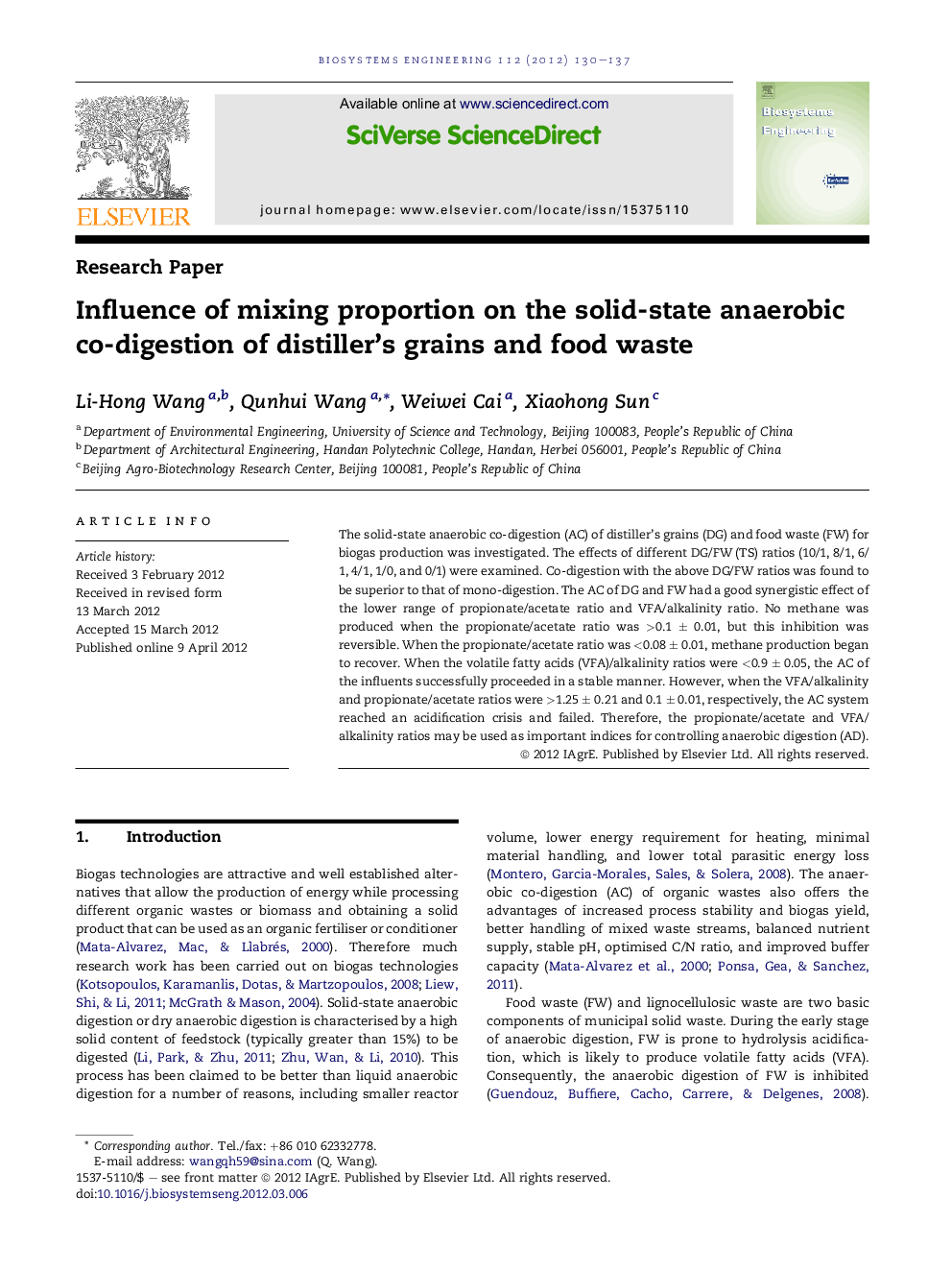 Influence of mixing proportion on the solid-state anaerobic co-digestion of distiller's grains and food waste