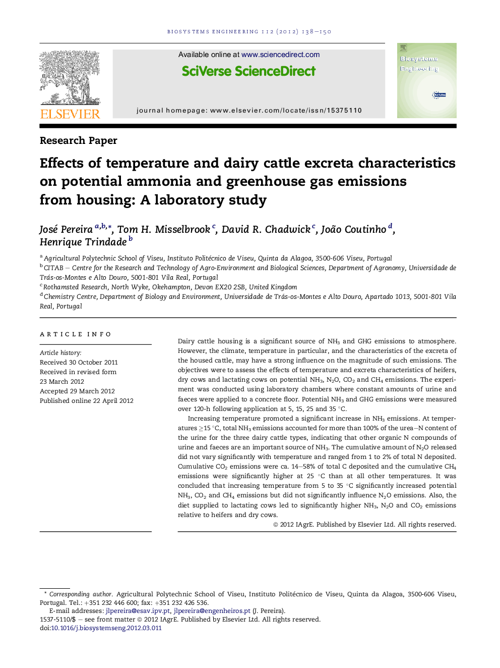 Effects of temperature and dairy cattle excreta characteristics on potential ammonia and greenhouse gas emissions from housing: A laboratory study