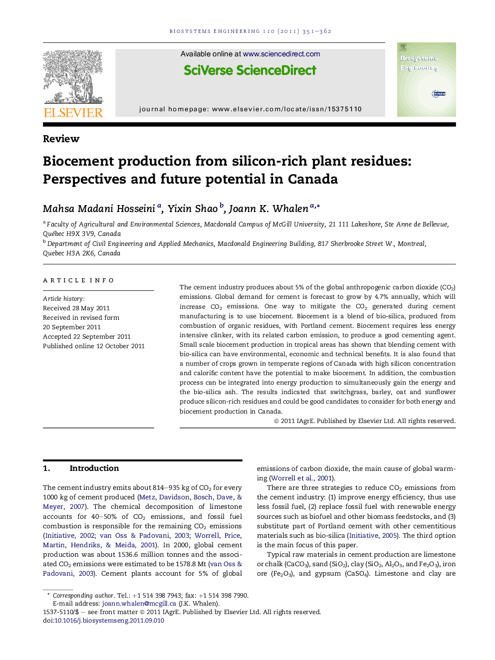 Biocement production from silicon-rich plant residues: Perspectives and future potential in Canada