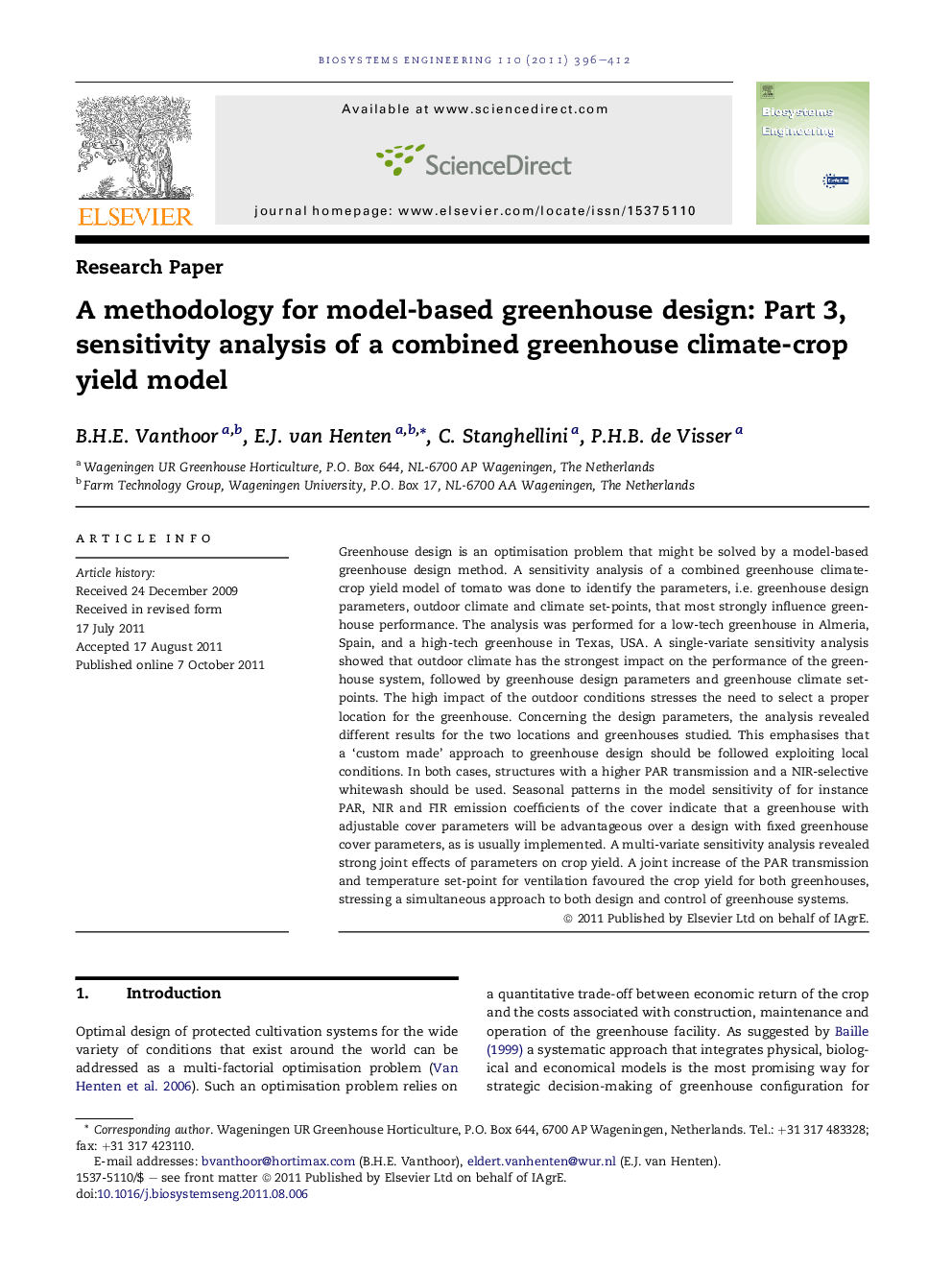 A methodology for model-based greenhouse design: Part 3, sensitivity analysis of a combined greenhouse climate-crop yield model