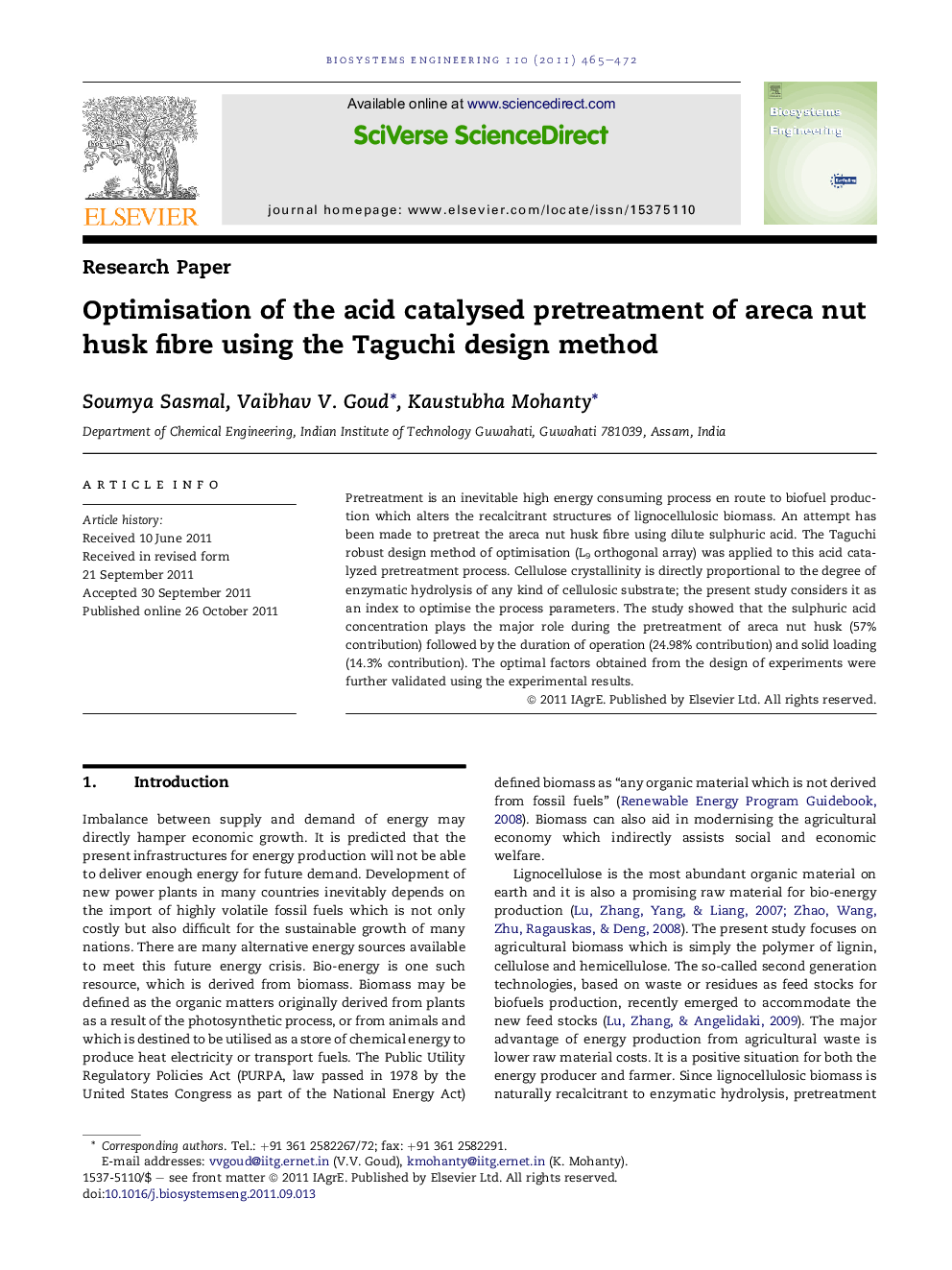 Optimisation of the acid catalysed pretreatment of areca nut husk fibre using the Taguchi design method