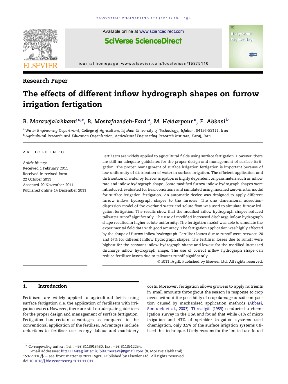 The effects of different inflow hydrograph shapes on furrow irrigation fertigation