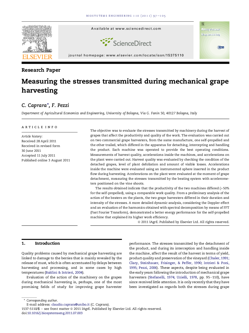 Measuring the stresses transmitted during mechanical grape harvesting