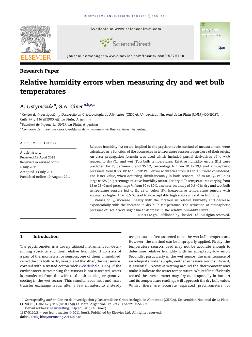 Relative humidity errors when measuring dry and wet bulb temperatures