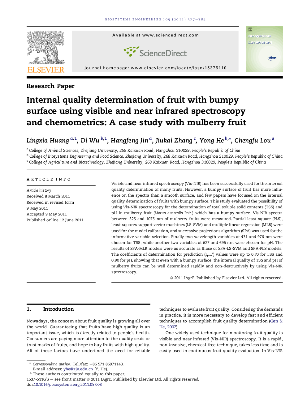 Internal quality determination of fruit with bumpy surface using visible and near infrared spectroscopy and chemometrics: A case study with mulberry fruit