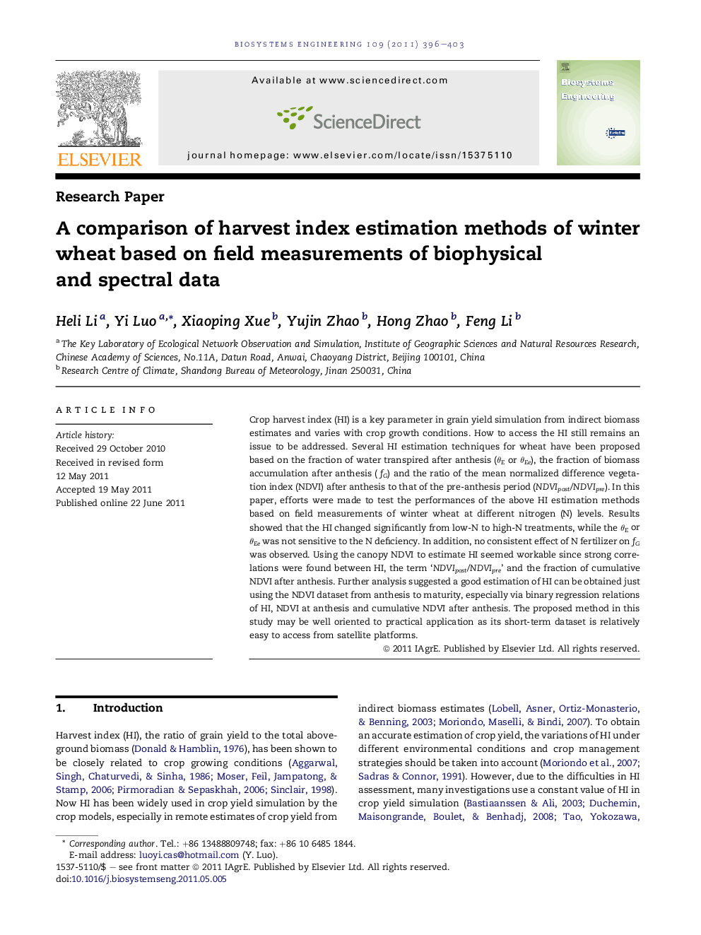 A comparison of harvest index estimation methods of winter wheat based on field measurements of biophysical and spectral data