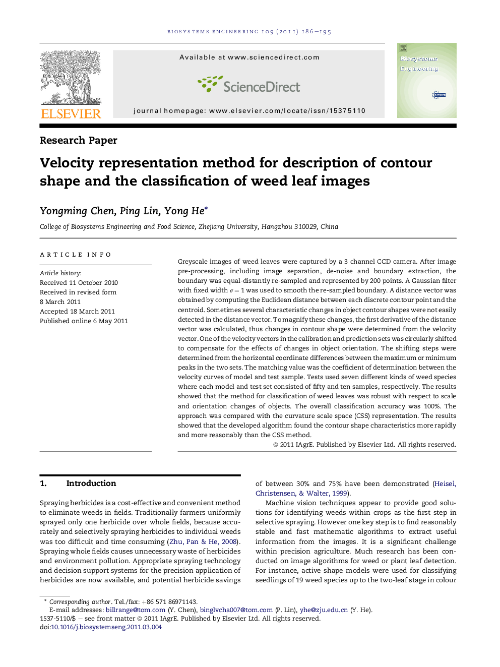 Velocity representation method for description of contour shape and the classification of weed leaf images