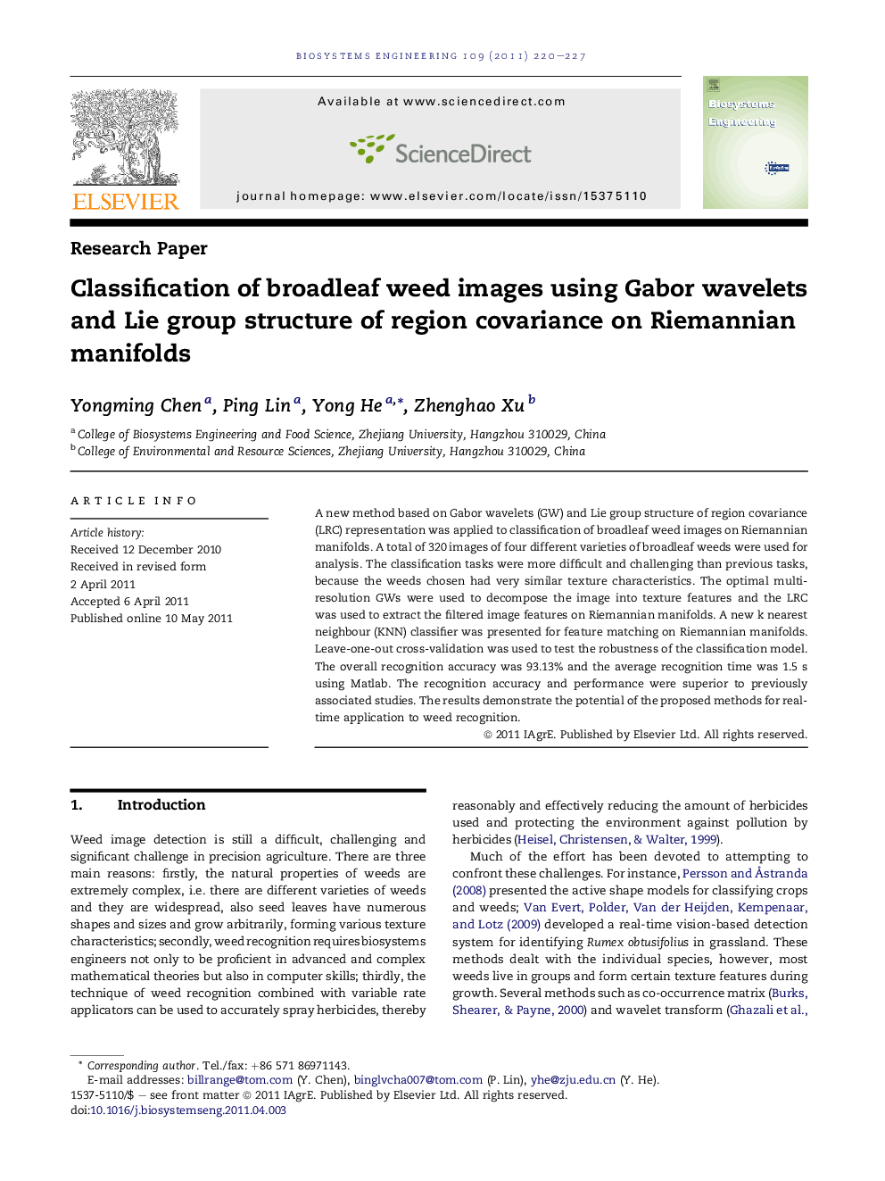 Classification of broadleaf weed images using Gabor wavelets and Lie group structure of region covariance on Riemannian manifolds