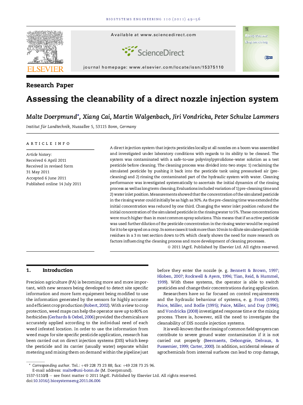 Assessing the cleanability of a direct nozzle injection system