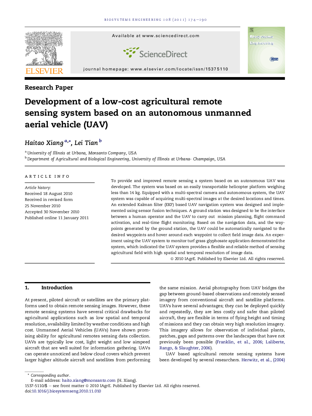 Development of a low-cost agricultural remote sensing system based on an autonomous unmanned aerial vehicle (UAV)