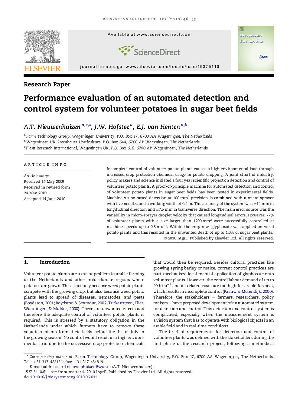 Performance evaluation of an automated detection and control system for volunteer potatoes in sugar beet fields