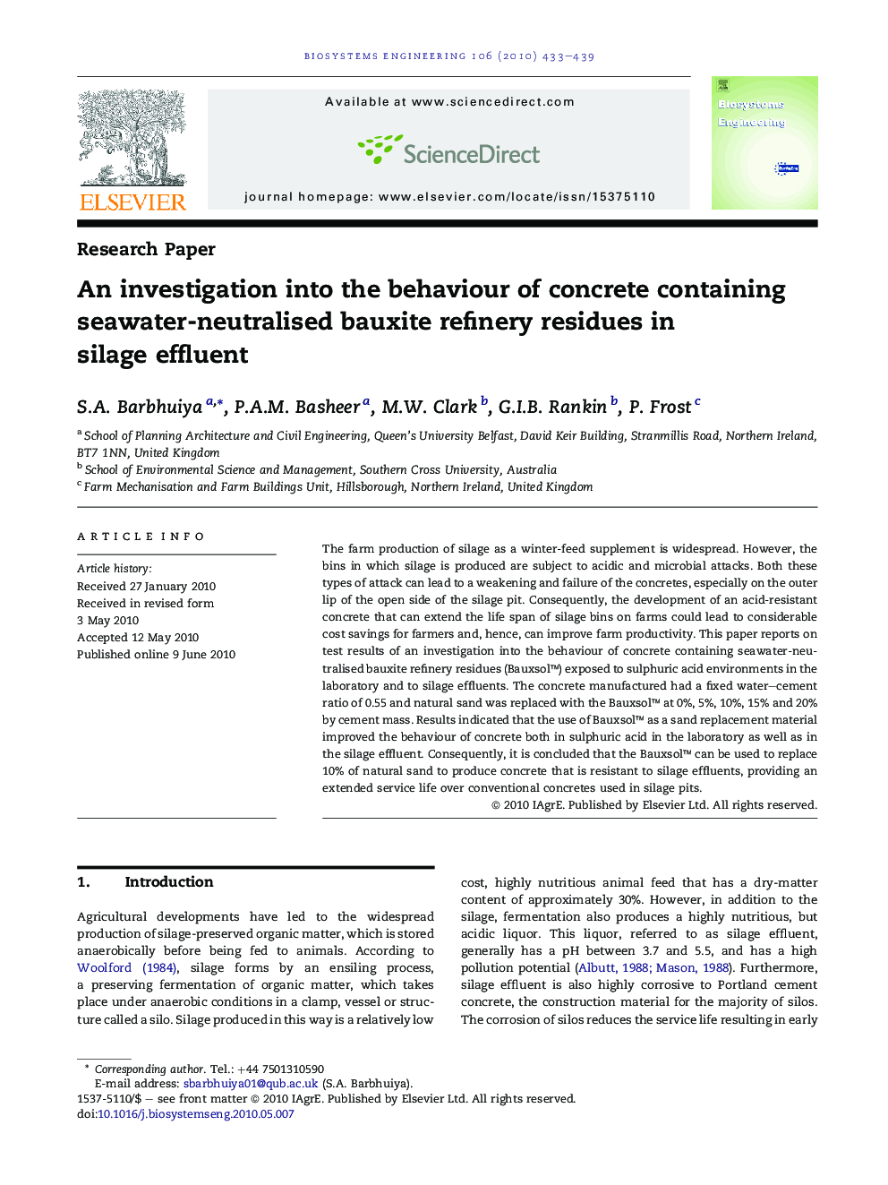 An investigation into the behaviour of concrete containing seawater-neutralised bauxite refinery residues in silage effluent