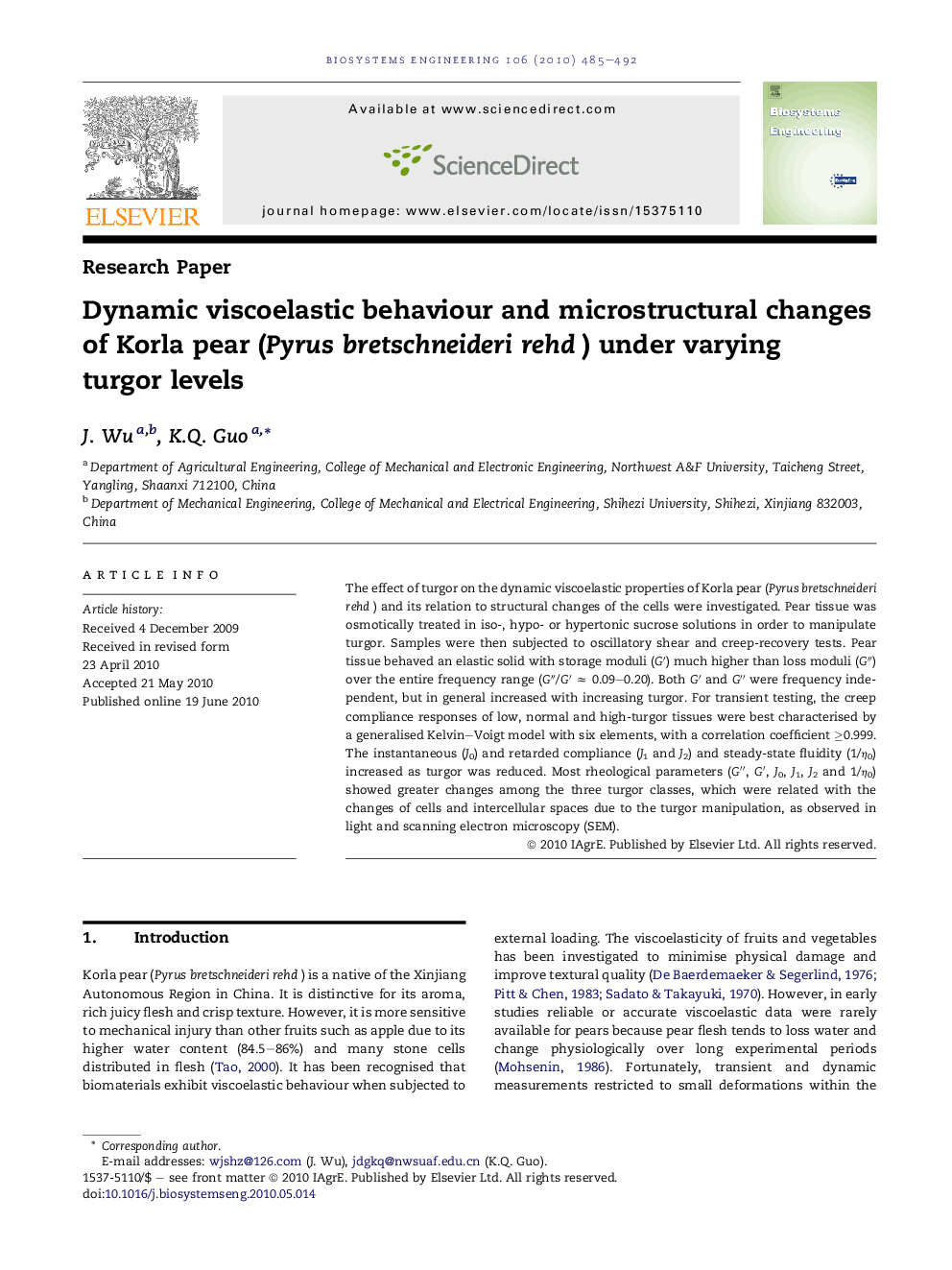 Dynamic viscoelastic behaviour and microstructural changes of Korla pear (Pyrus bretschneideri rehd) under varying turgor levels