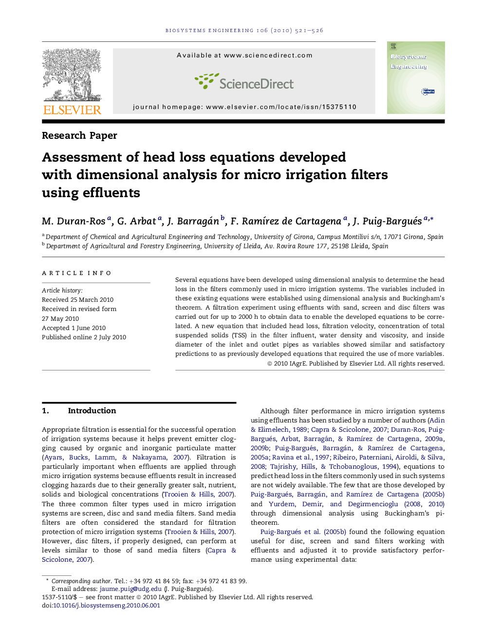 Assessment of head loss equations developed with dimensional analysis for micro irrigation filters using effluents