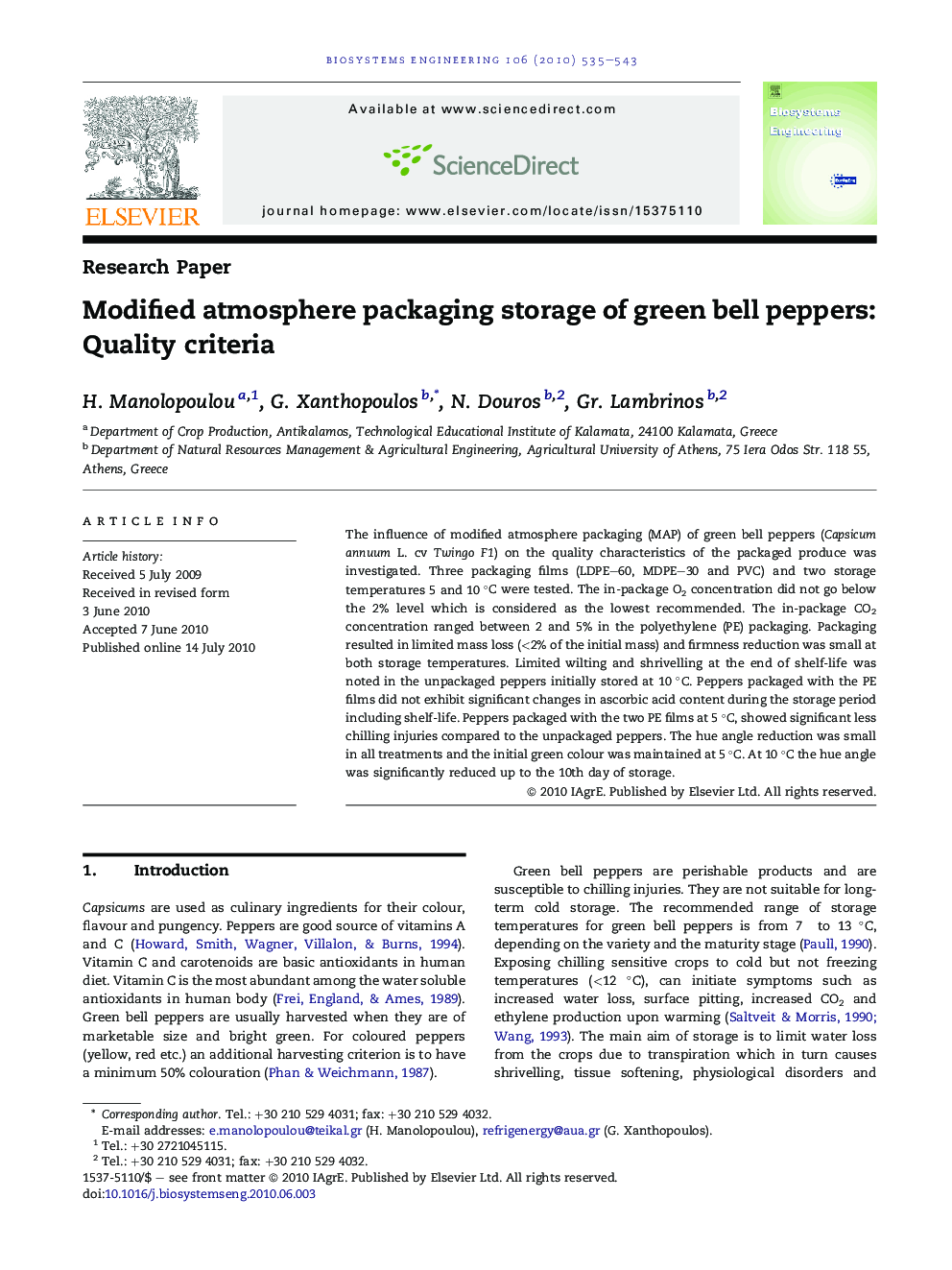Modified atmosphere packaging storage of green bell peppers: Quality criteria